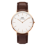 Classic Bristol Rose Gold watch featuring an eggshell white dial, slim rose gold markers, and a dark brown genuine leather strap.