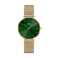 Gold mesh women’s watch with emerald green sunray dial, minimalist face and slim round case by Daniel Wellington.