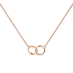 Rose gold necklace featuring two interlocking rings with a minimalist design and delicate crystal accents on a fine adjustable chain.