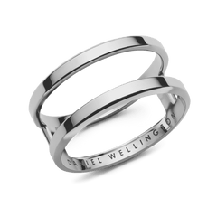 Polished silver dual band ring with a minimalist open design and discreet Daniel Wellington engraving on the inner band.