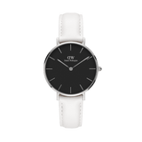 Daniel Wellington Petite Bondi Black Silver women’s watch featuring a black minimalist dial, slim silver hands and markers, polished silver case, and a white genuine leather strap.