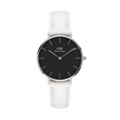 Daniel Wellington Petite Bondi Black Silver women’s watch featuring a black minimalist dial, slim silver hands and markers, polished silver case, and a white genuine leather strap.