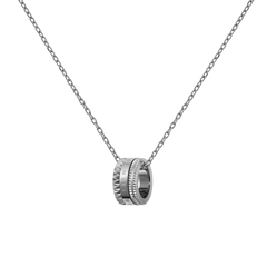 Silver necklace featuring a polished geometric ring pendant with engraved detailing, suspended from a delicate cable chain.
