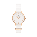 Petite Dover Rose Gold watch with an eggshell-white dial, minimalist rose gold markers, and a crisp white NATO strap.