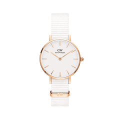 Petite Dover Rose Gold watch with an eggshell-white dial, minimalist rose gold markers, and a crisp white NATO strap.