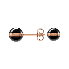 Aspiration Earrings Rose Gold Black featuring polished black ceramic spheres with engraved rose gold plated stainless steel bands and secure stud fastenings.