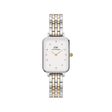 Rectangular Quadro Lumine 5-link two-tone women’s watch with silver and gold bracelet, crystal markers, and eggshell white dial.