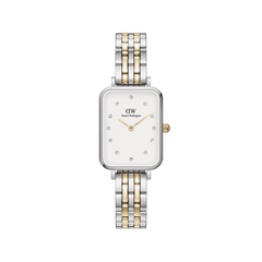 Rectangular Quadro Lumine 5-link two-tone women’s watch with silver and gold bracelet, crystal markers, and eggshell white dial.