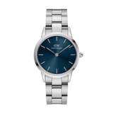 Daniel Wellington Iconic Link Arctic watch featuring a deep blue sunray dial, minimalist silver hour markers, and a brushed stainless steel link bracelet.