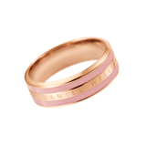 Rose gold ring with a smooth dusty rose enamel inlay, featuring Daniel Wellington engraving and a polished, modern finish.