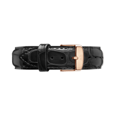 Black croc-embossed genuine leather watch strap with a polished rose gold buckle engraved with the DW logo.