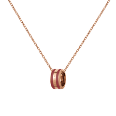 Rose gold necklace with a delicate chain and a barrel-shaped pendant featuring cherry blush enamel and engraved detailing.