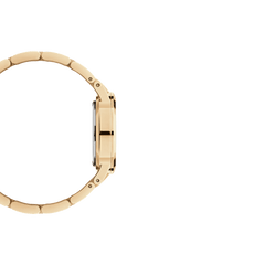 Side profile of Daniel Wellington Iconic Link Unitone G gold women’s watch with slim case and polished gold link bracelet.