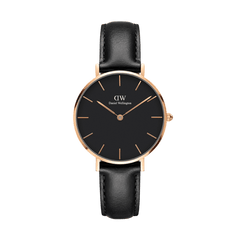 Petite Sheffield women’s watch featuring a slim rose gold case, minimalist black dial, and a genuine black leather strap.