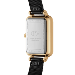 Back view of Quadro Pressed Ashfield Gold watch showing stainless steel case, black mesh strap, and engraved details.