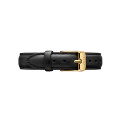 Black genuine leather watch strap with gold buckle, designed for the Petite Sheffield Gold women’s watch by Daniel Wellington.