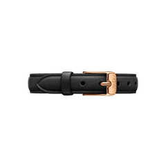 Black leather watch strap with a rose gold buckle engraved with the Daniel Wellington logo, designed for the Quadro Pressed Sheffield W 29x36.5 watch.