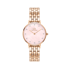 Rose gold women’s watch with a five-link bracelet, featuring a petite round case, pink mother of pearl dial, and crystal hour markers.