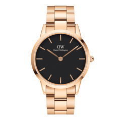 Daniel Wellington Iconic Link Rose Gold watch with black dial and polished rose gold stainless steel bracelet, unisex design.