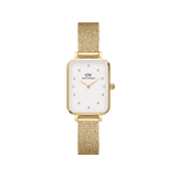 Rectangular gold Daniel Wellington Quadro Lumine Pressed Evergold watch with an eggshell white dial, crystal hour markers, and a fine gold-tone mesh strap.
