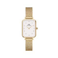 Rectangular gold Daniel Wellington Quadro Lumine Pressed Evergold watch with an eggshell white dial, crystal hour markers, and a fine gold-tone mesh strap.