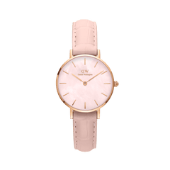 Rose gold women’s watch with pink mother-of-pearl dial and nude pink croc-pattern leather strap, minimalist design.