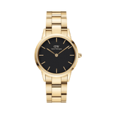 Daniel Wellington Iconic Link Gold women’s watch with black minimalist dial and gold-plated stainless steel bracelet.