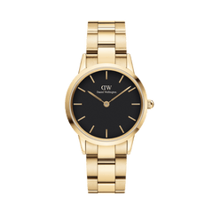 Daniel Wellington Iconic Link Gold women’s watch with black minimalist dial and gold-plated stainless steel bracelet.