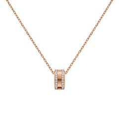 Rose gold Elan Lumine Necklace featuring a fine cable chain and a central barrel pendant adorned with sparkling crystals.