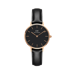 Daniel Wellington Petite Sheffield women’s watch with a black minimalist dial, rose gold case, and genuine black leather strap.