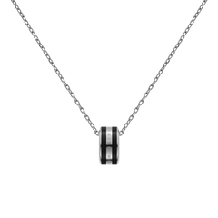Elegant Emalie Necklace Silver Black with a fine silver chain and a bold black enamel ring pendant engraved with subtle branding.