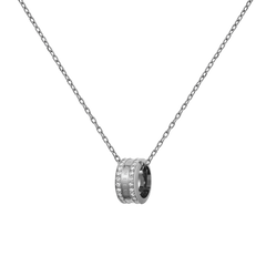 Polished silver necklace featuring a round pendant set with sparkling crystals, suspended from a delicate cable-style chain.