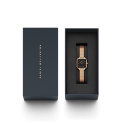 Quadro Studio Black Rose Gold watch with a square black dial and rose gold strap, elegantly presented in a dark Daniel Wellington gift box.