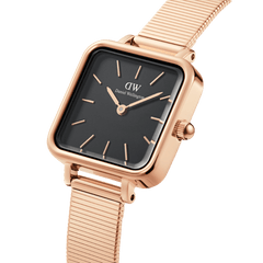 Quadro Studio Black Rose Gold women’s watch featuring a square black dial, minimalist rose gold markers, and a polished rose gold stainless steel strap.