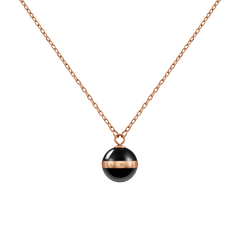 Rose gold necklace featuring a delicate chain and a black ceramic sphere pendant with a polished rose gold plated band engraved with the Daniel Wellington logo.