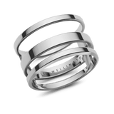 Polished silver Elan Triad Ring featuring a distinctive three-band open design crafted from stainless steel, with subtle inner logo engraving.