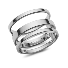 Polished silver Elan Triad Ring featuring a distinctive three-band open design crafted from stainless steel, with subtle inner logo engraving.