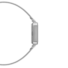 Slim silver square watch case with a polished stainless steel strap, side profile of the Quadro Studio Silver.
