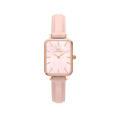 Rectangular rose gold women’s watch with a pink mother of pearl dial, gold markers, and a nude pink croc-pattern leather strap.