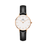 Petite Sheffield Rose Gold watch with a slim rose gold case, minimalist white dial, and a black leather strap.