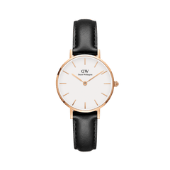 Petite Sheffield Rose Gold watch with a slim rose gold case, minimalist white dial, and a black leather strap.