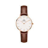 Daniel Wellington Petite St Mawes Rose Gold watch with white dial, minimalist markers, and brown Italian leather strap.