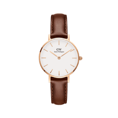 Daniel Wellington Petite St Mawes Rose Gold watch with white dial, minimalist markers, and brown Italian leather strap.