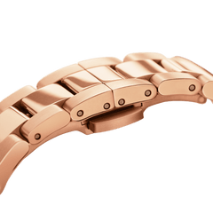 Detail of the Iconic Link Unitone Rose Gold women’s watch bracelet showing polished and brushed rose gold links and clasp.