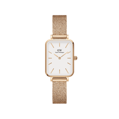 Rectangular rose gold watch with an eggshell white dial and a pressed mesh stainless steel strap, featuring minimalist hour markers and a slim, elegant case.