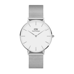 Daniel Wellington Petite Sterling women’s watch with silver mesh strap and minimalist eggshell white dial, ideal for daily wear.