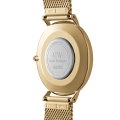 Back view of the Classic Mesh Onyx Gold wristwatch showing the engraved case back, gold mesh strap, and secure clasp detailing.