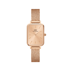 Rose gold women’s watch with a rectangular dial and pressed mesh strap, featuring minimalist hour markers and a polished stainless steel finish.