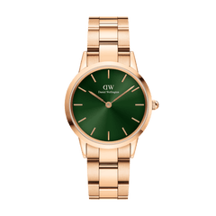 Classic rose gold Daniel Wellington watch with an emerald green dial, minimalist markers, and a sleek link bracelet.