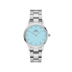 Daniel Wellington Iconic Link Capri Silver women’s watch with pastel blue dial and polished stainless steel bracelet.